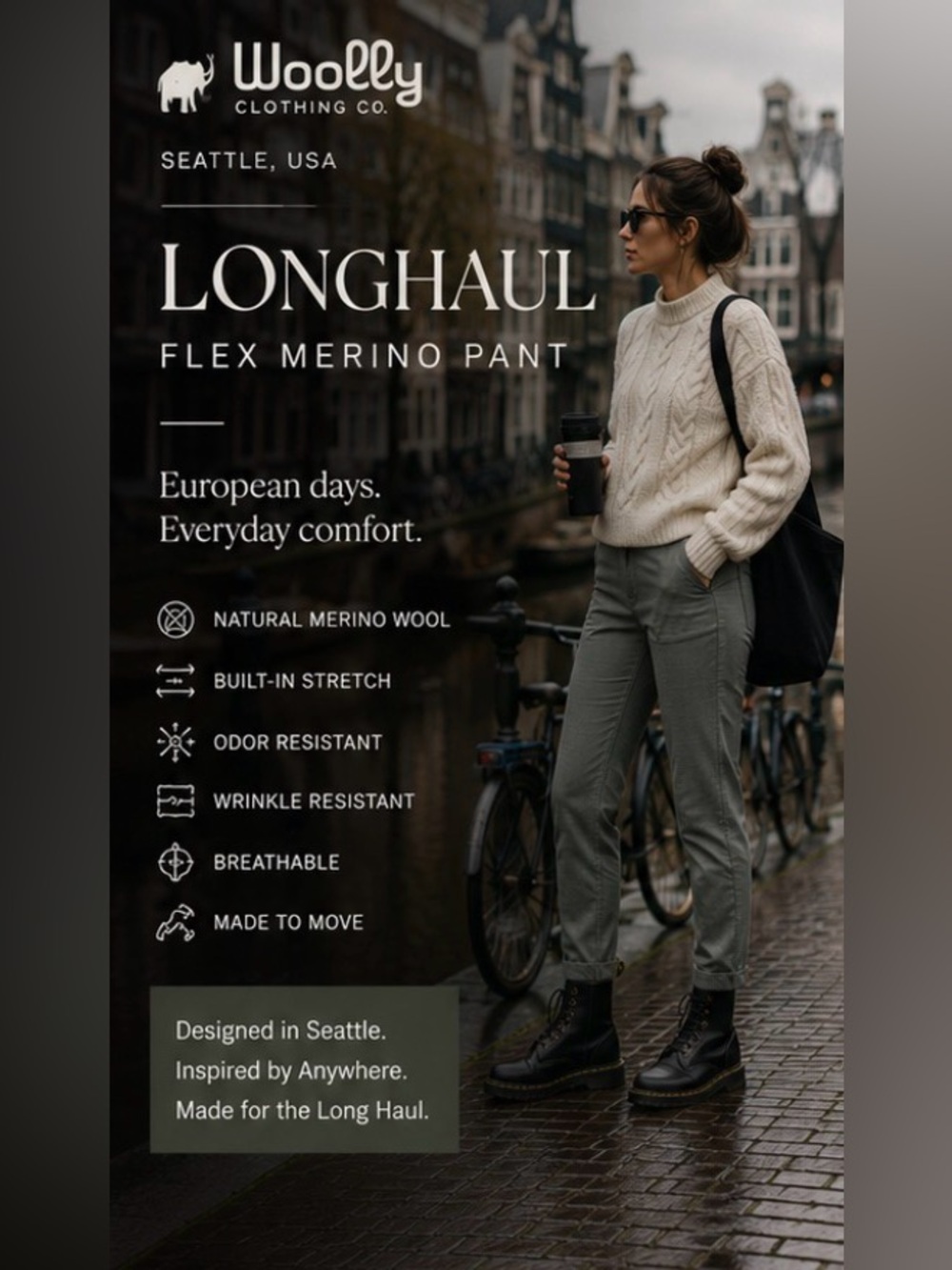 Woolly Seattle Longhaul Flex Merino wool travel Pant soft Olive Green gray 4